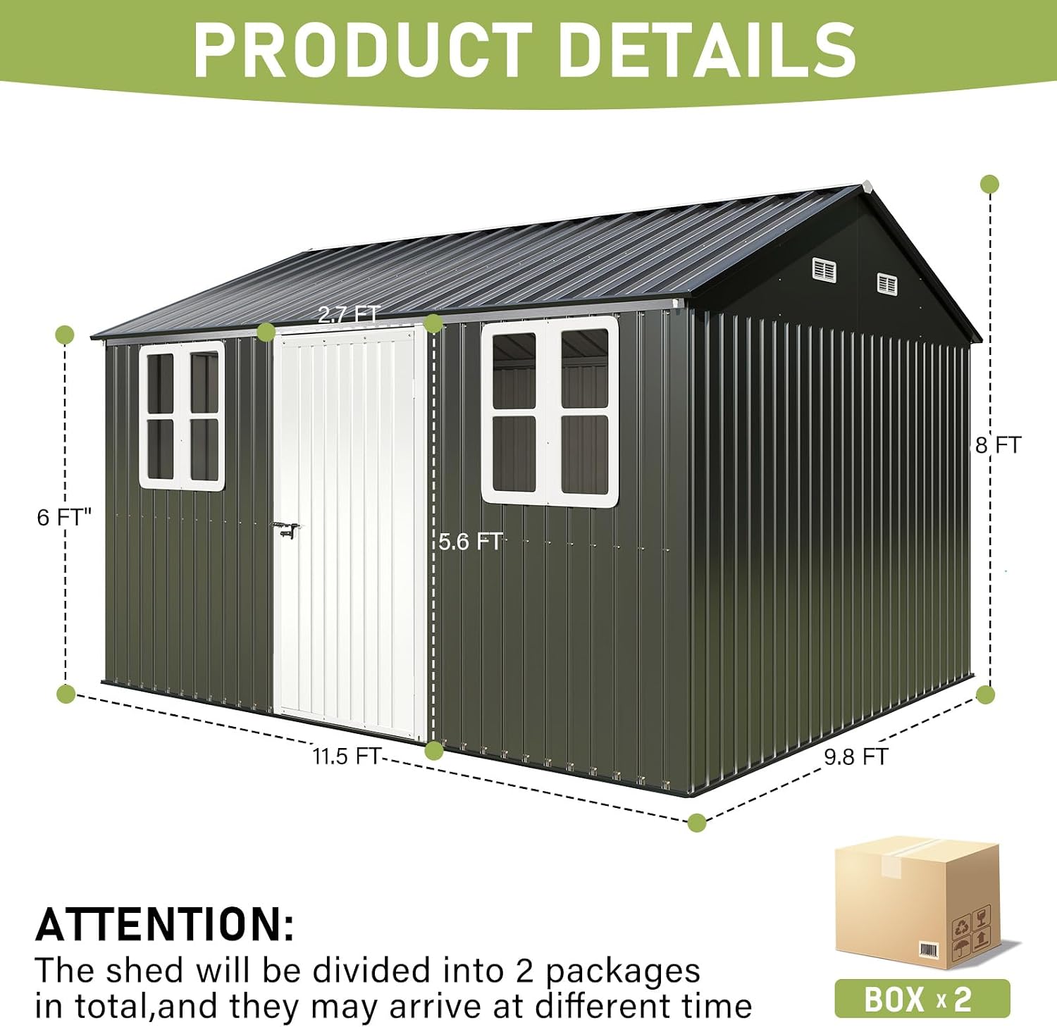 VanAcc 10 x 12FT Outdoor Storage Shed with a Lockable Hinged Door and 2 Windows, Nordic Cottage Metal Shed for Backyard, Garden, Patio, Dark Grey/White