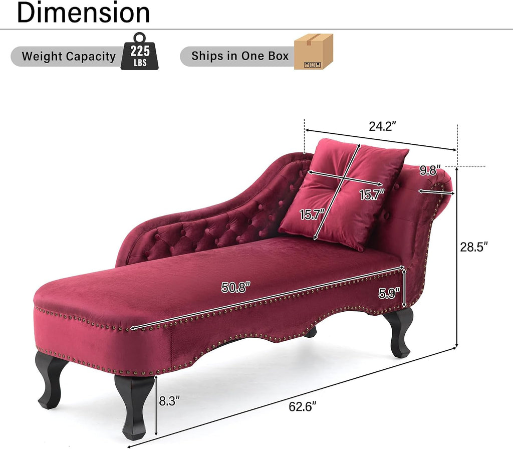 Merax 62'' Velvet Chaise Lounge Indoor with 1 Pillow and Nailhead Trim, Button Tufted Design Reclining Chair with Scrolled Backrest, Sleeper Sofa for Bedroom, Living Room or Office,
