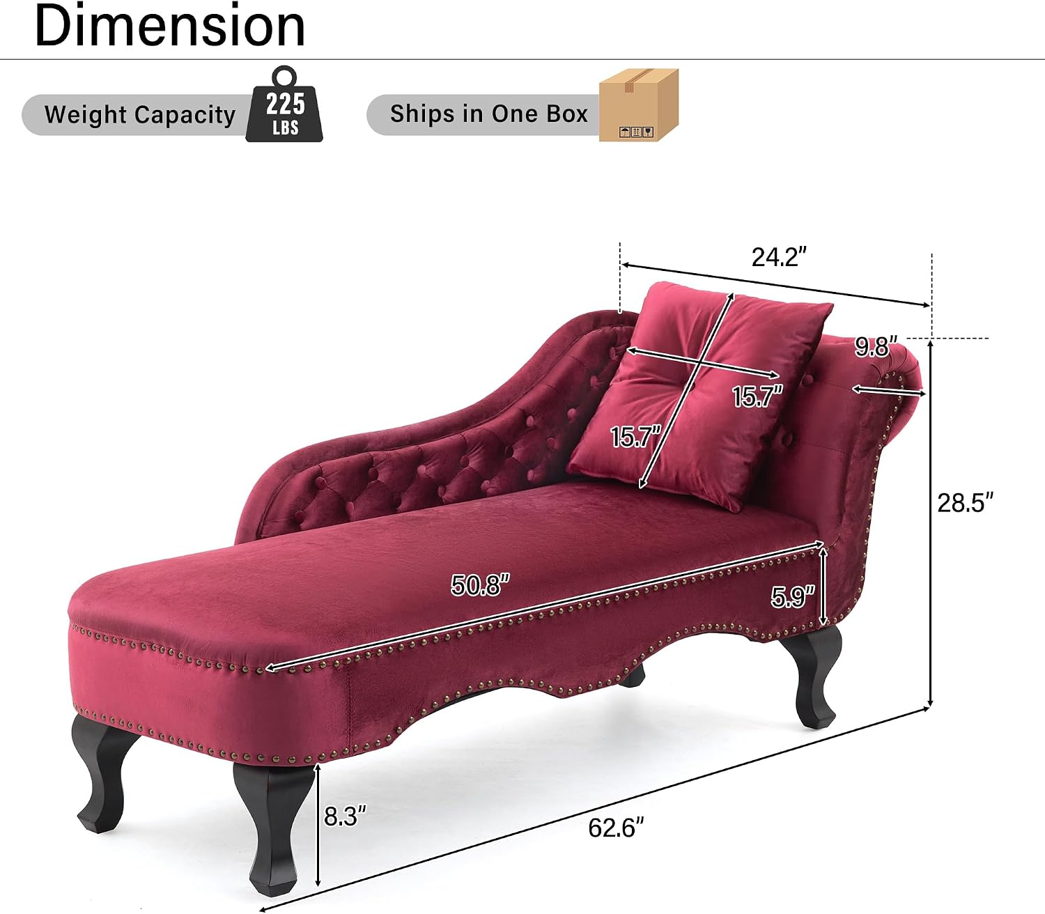 Merax 62'' Velvet Chaise Lounge Indoor with 1 Pillow and Nailhead Trim, Button Tufted Design Reclining Chair with Scrolled Backrest, Sleeper Sofa for Bedroom, Living Room or Office,