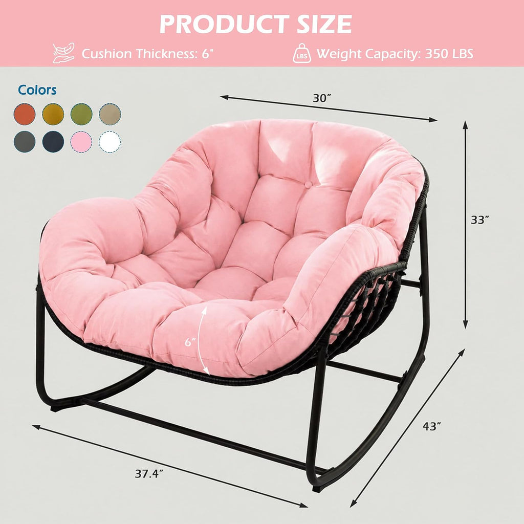 Papasan Rocking Chair Indoor & Outdoor, Oversized Egg-Shaped Papasan Rocker with Cushion & Pillow, All-Weather Wicker Patio Lounge Chair for Garden, Porch, Living Room (Pink)