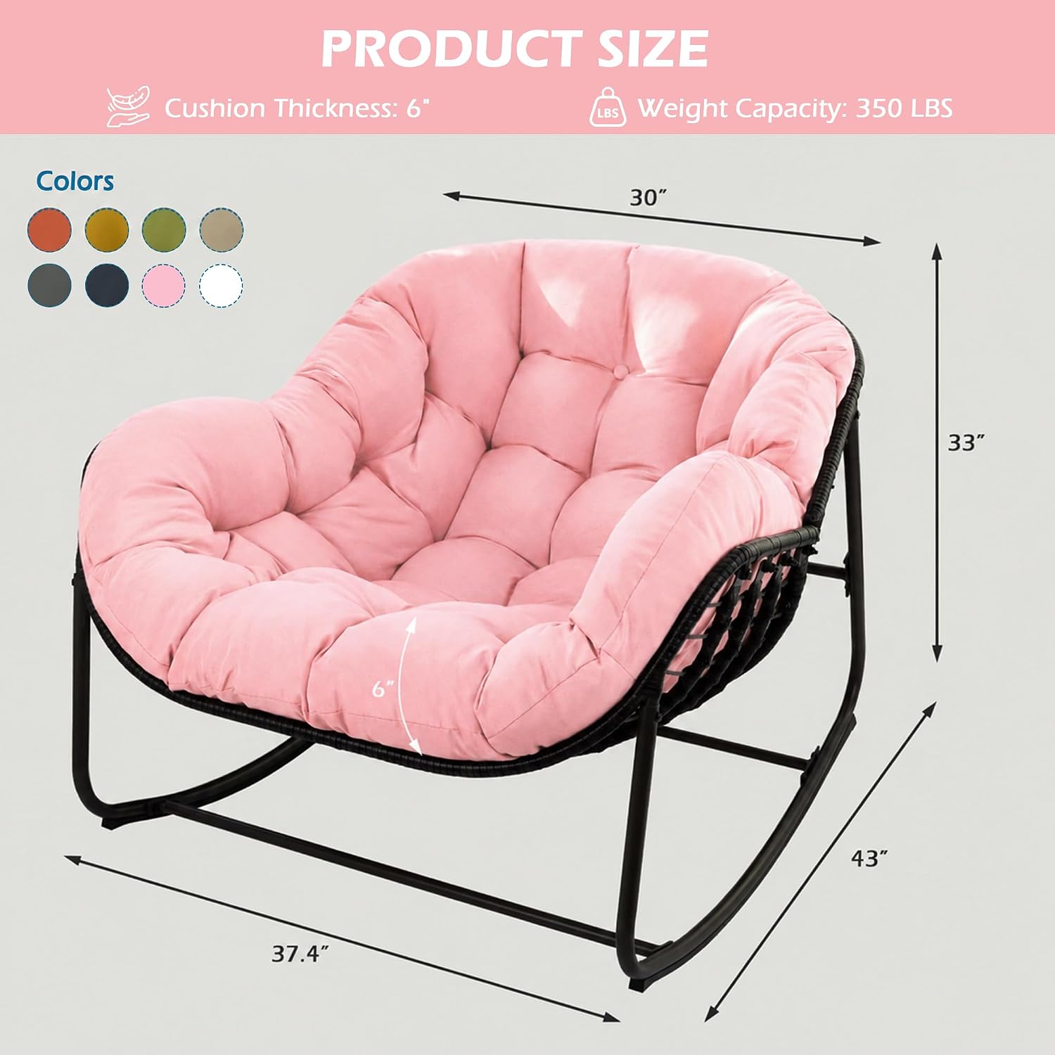 Papasan Rocking Chair Indoor & Outdoor, Oversized Egg-Shaped Papasan Rocker with Cushion & Pillow, All-Weather Wicker Patio Lounge Chair for Garden, Porch, Living Room (Pink)