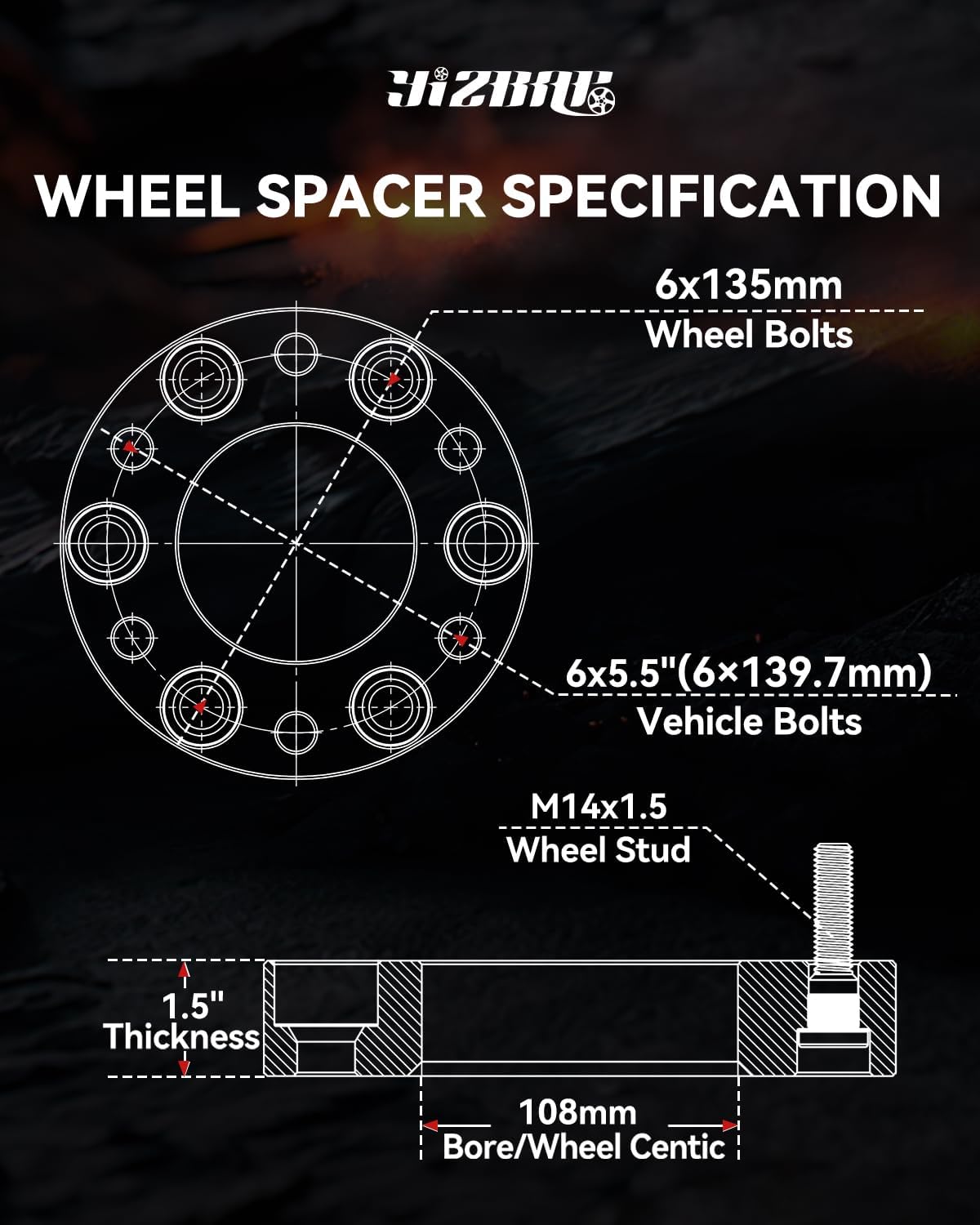 YIZBAP 6x5.5 to 6x135 Wheel Adapters for F150 Wheels on 4Runner Vehicle, 1.5 inch 6x139.7mm to 6x135mm Wheel Adapter 108mm Hub Bore with M14x1.5 Studs