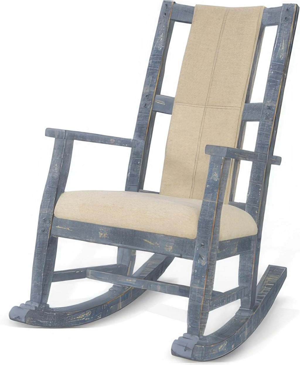 Benzara Rena Rocking Chair- Cushion Seat and Back- Blue Mahogany Mindy Wood