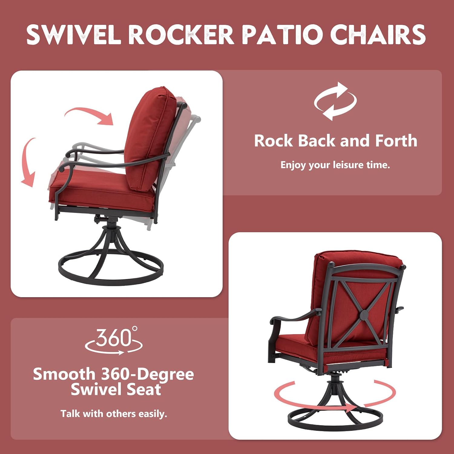 MELLCOM Patio Swivel Chair Set of 8, Heavy Duty Outdoor Dining Chairs with Thickened Cushions, Metal Patio Chairs Gentle Rocker for Outside, Garden Lawn & Porch, Backyard, Red