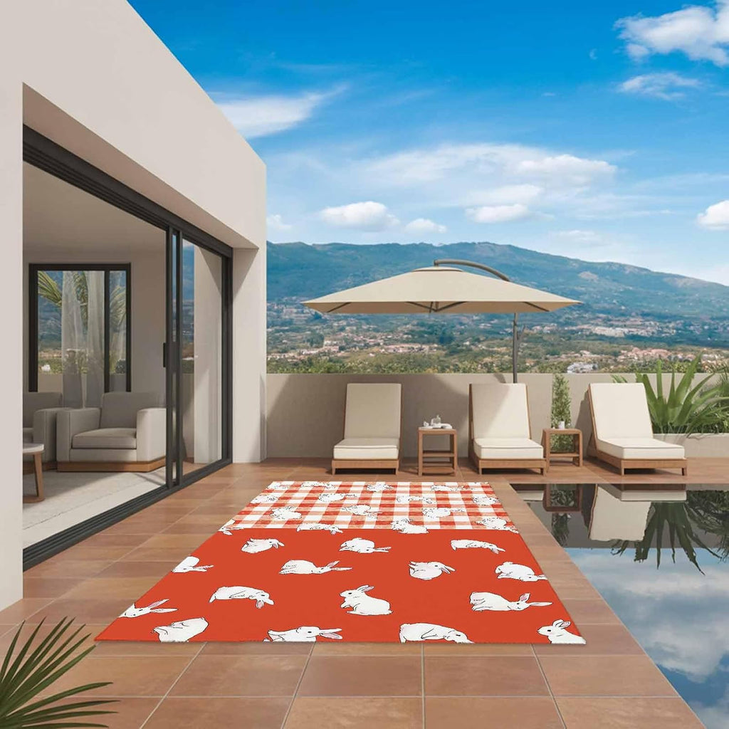 Japanese Rabbits Outdoor Rug for Patio/Deck/Porch, Non-Slip Large Area Rug 4 x 6 Ft, Vintage Orange Red Plaid Farmhouse Indoor Outdoor Rugs Washable Area Rugs, Reversible Camping Rug Carpet Runner
