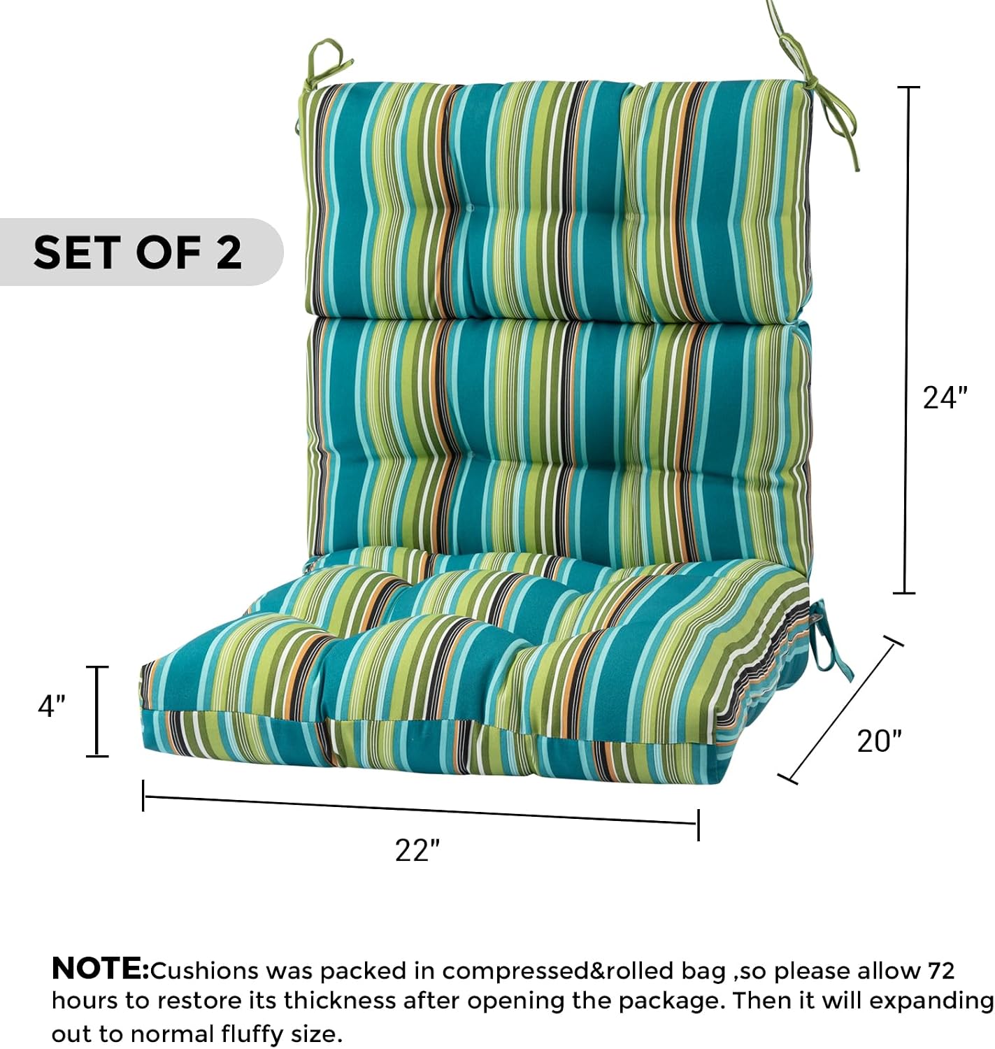 Outdoor High Back Chair Cushions Set of 2,Reversible Lawn Chair Cushion 44 x22 inch,Water Resistant Tufted Adirondack Chair Cushion,for Garden Rocking Chair,Patio Furniture(Green Stripe)
