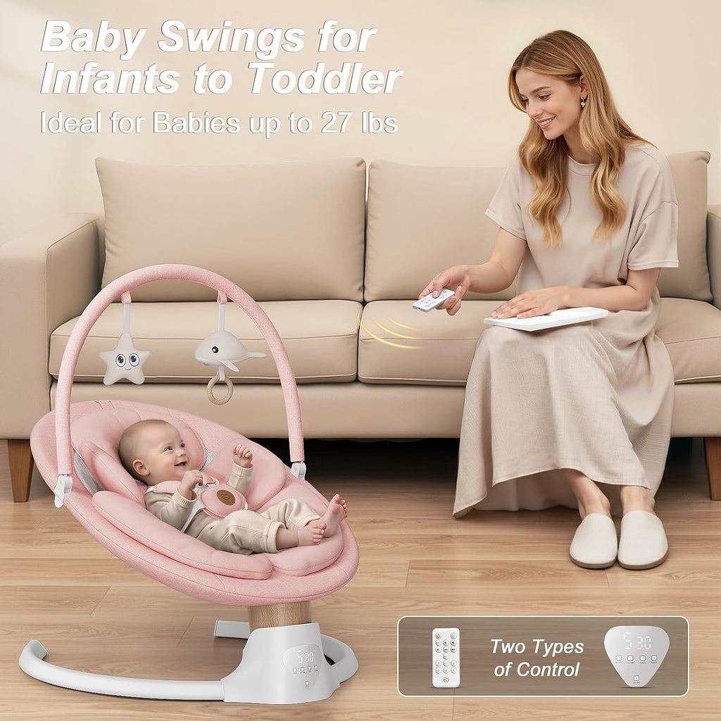 Baby Swings for Infants, FasonBaby Electric Baby Swing with 10 Preset Melodies, 5 Speeds, Remote Control and Bluetooth - Portable Infant Swing for Indoor and Outdoor(Pink)