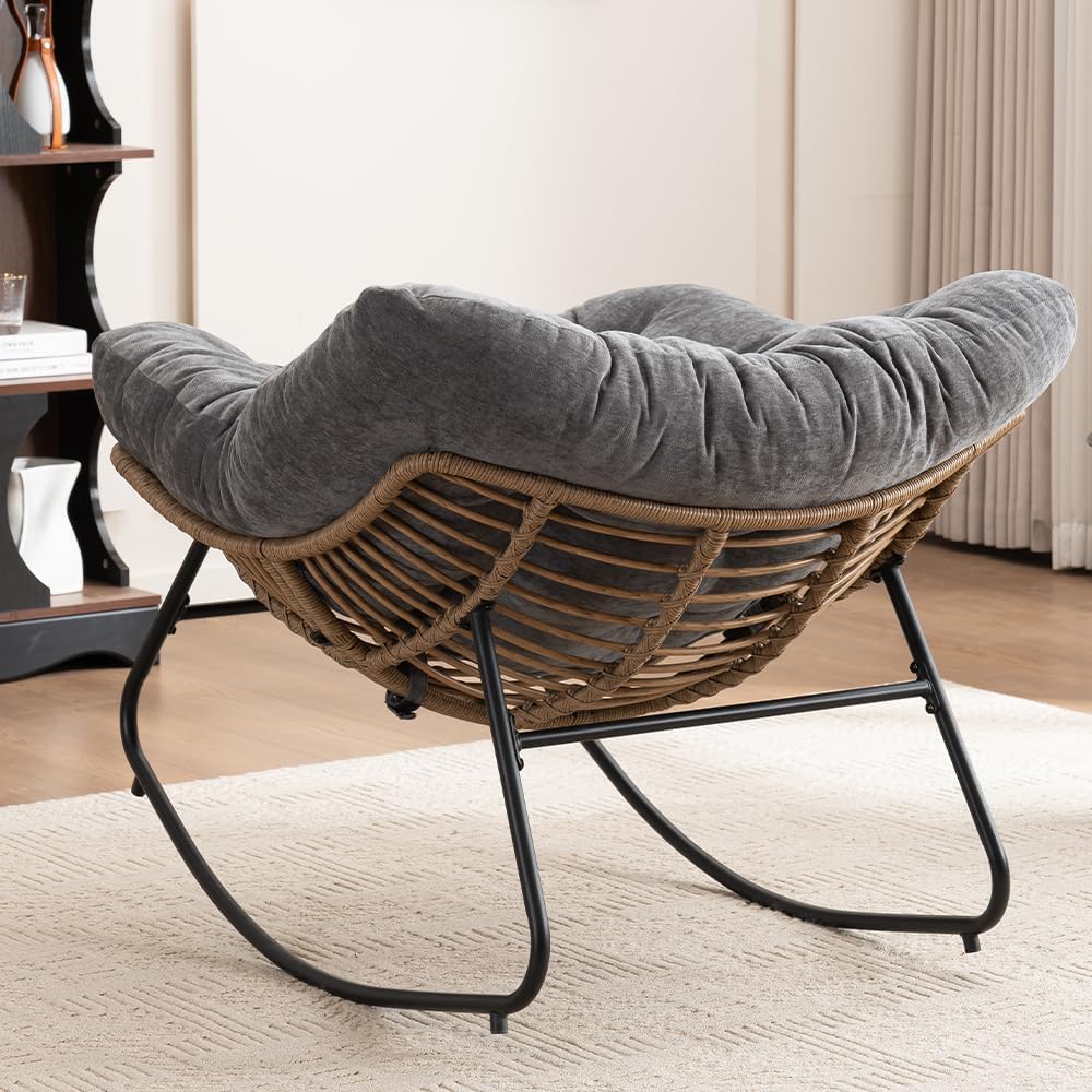 Outdoor Papasan Chair, Oversized Rocking Chair with Cushion and Metal Frame, Patio Lounge Rocking Chair for Balcony Backyard Porch Bedroom Living Room (Grey)