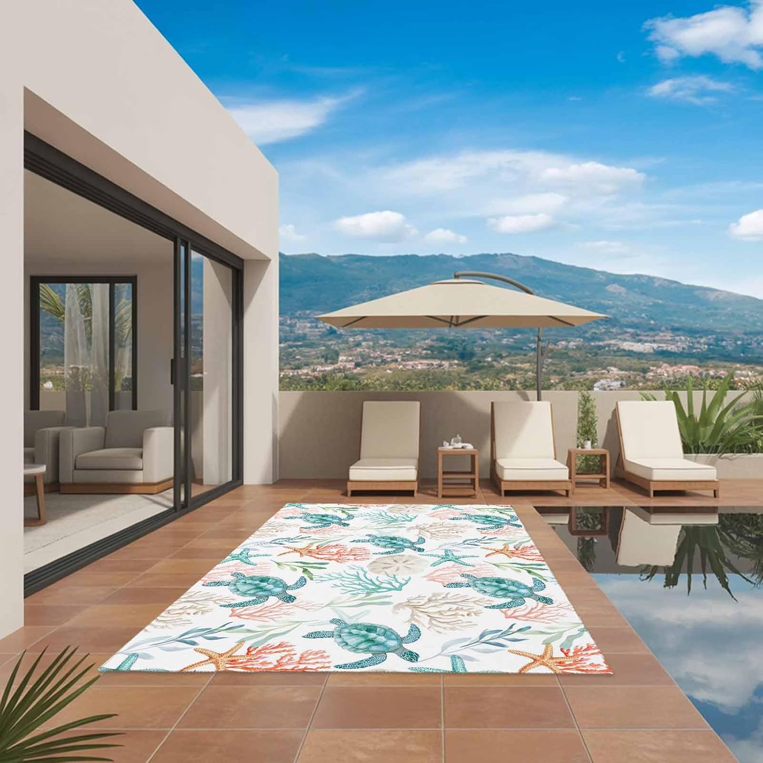 Teal Red Coastal Outdoor Rug for Patio/Deck/Porch, Non-Slip Large Area Rug 5 x 7 Ft, Beach Nautical Sea Turtle Coral Starfish Indoor Outdoor Rugs Washable Area Rugs, Camping Rug Carpet Runner