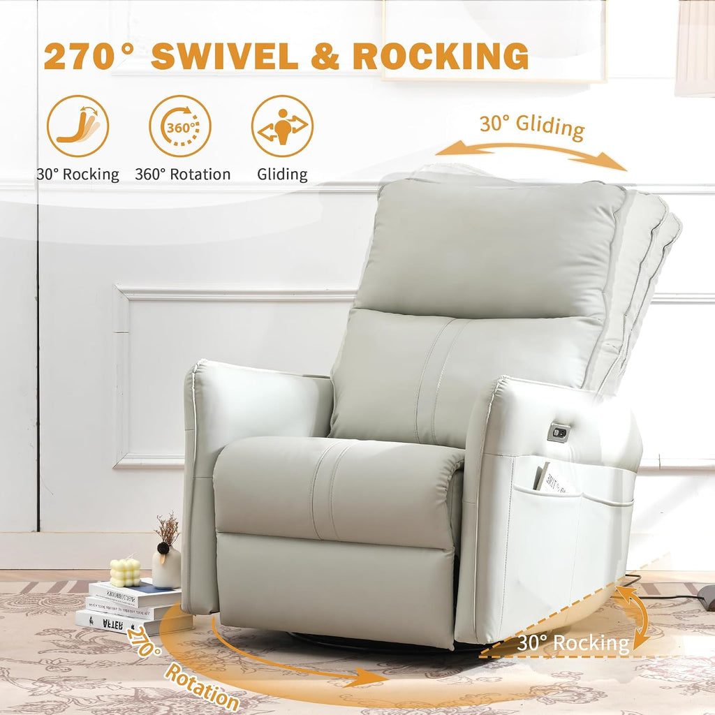 Power Swivel Rocker Recliner Chair for Nursery, Upholstered 270° Swivel Glider Rocker Chair with USB Ports, Small Power Recliners for Small Spaces Living Room (Light Grey)