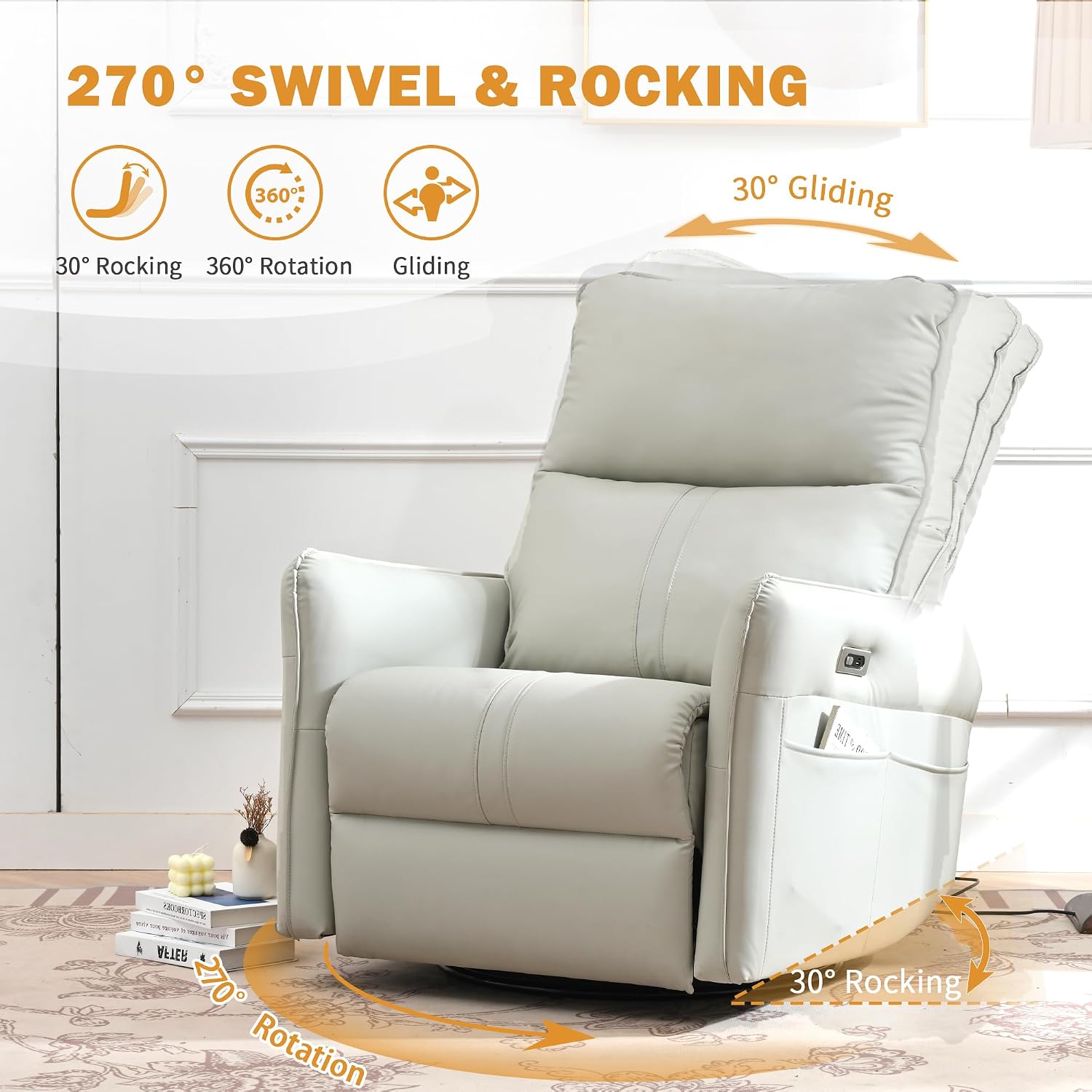 Power Swivel Rocker Recliner Chair for Nursery, Upholstered 270° Swivel Glider Rocker Chair with USB Ports, Small Power Recliners for Small Spaces Living Room (Light Grey)