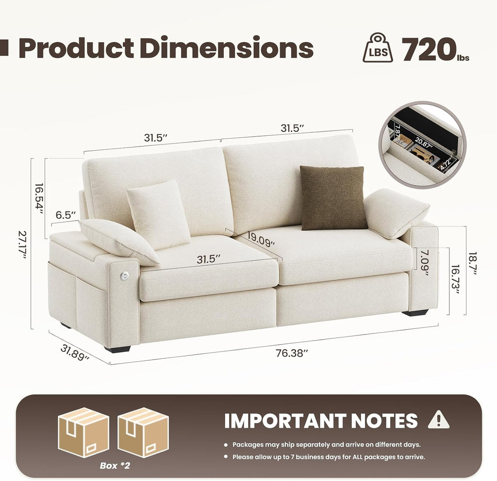 MALOL 76' Loveseat Sofa, Cloud Foam Couch, 3 Seater Upholstered Midcentury Mondern Love Seat with USB Type C Ports, 4 Pillows and Storage Armrest for Living Room/Small Spaces, Beige | Breathable material