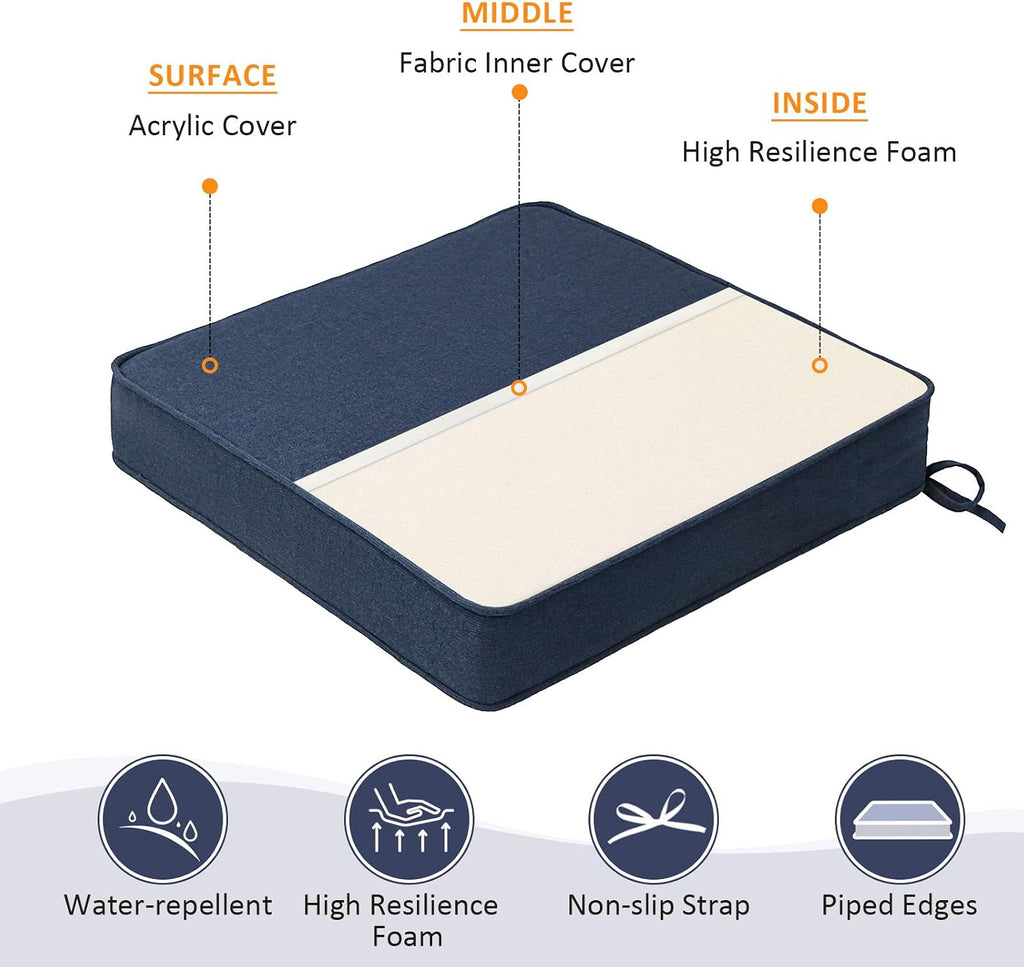 Unimatta Sunbrella Square Corner Seat Cushions, 18.5' x 16' x 3', Set of 4, Indoor Outdoor Water Repellent Universal Chair Pads with Ties for Patio Furniture, Garden Dining Chairs, Specrtum Indigo