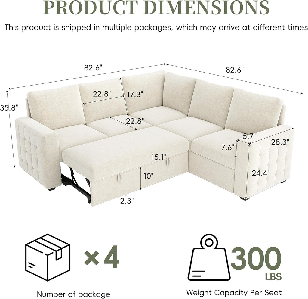 86' Sectional Sleeper Sofa Bed, Sleeper Couch with Pull out Bed, L Shaped Couch with Storage, Modular Sectional Sofa， Sectional Couches for Living Room&Apartment, Convertible Sofas, Beige Couches