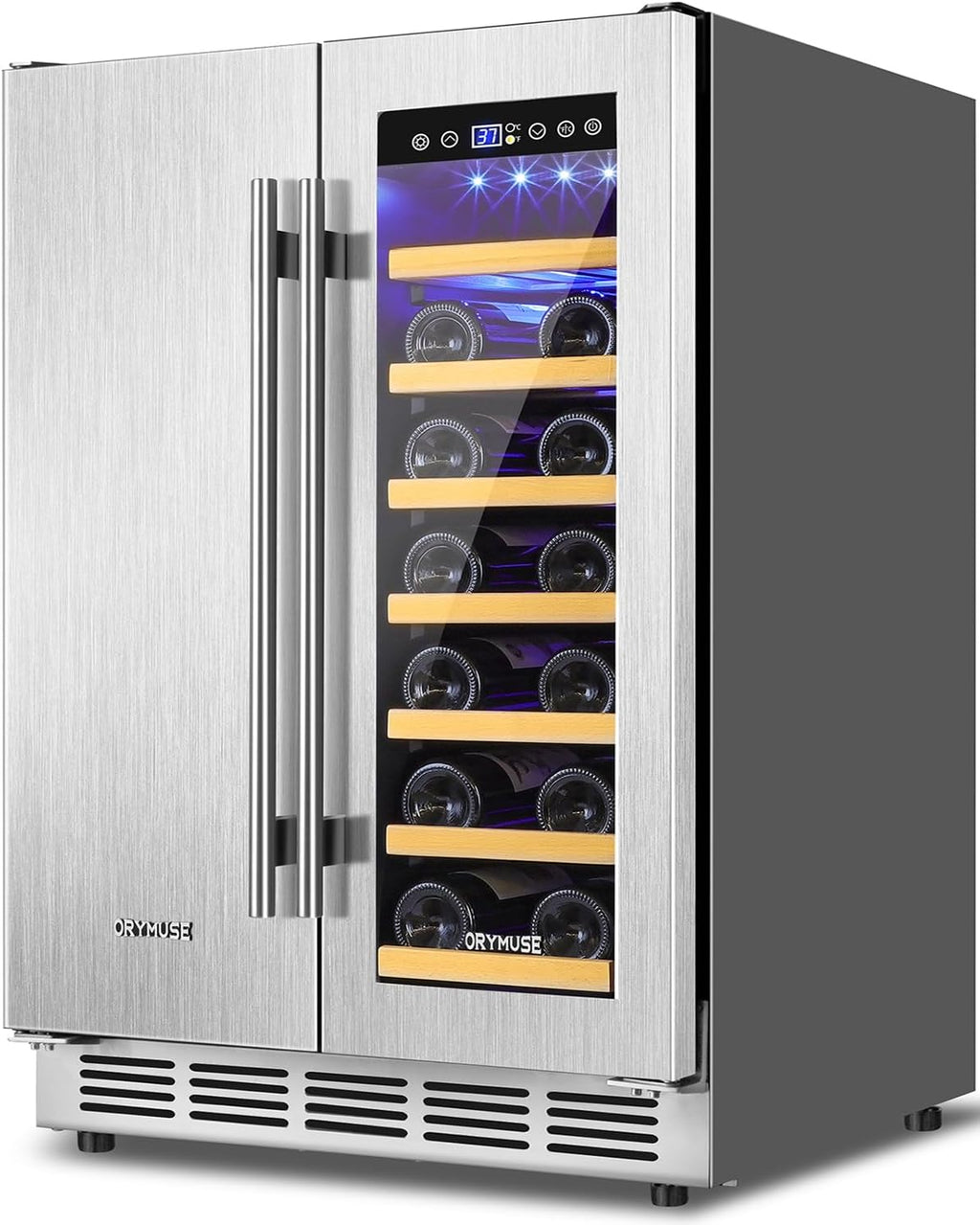 ORYMUSE Wine and Beverage Refrigerator Dual Zone, 24' Undercounter Beverage Fridge for Soda, Water and Beer, Built-in/Freestanding, Holds 20 Bottles & 88 Cans, Stainless Steel