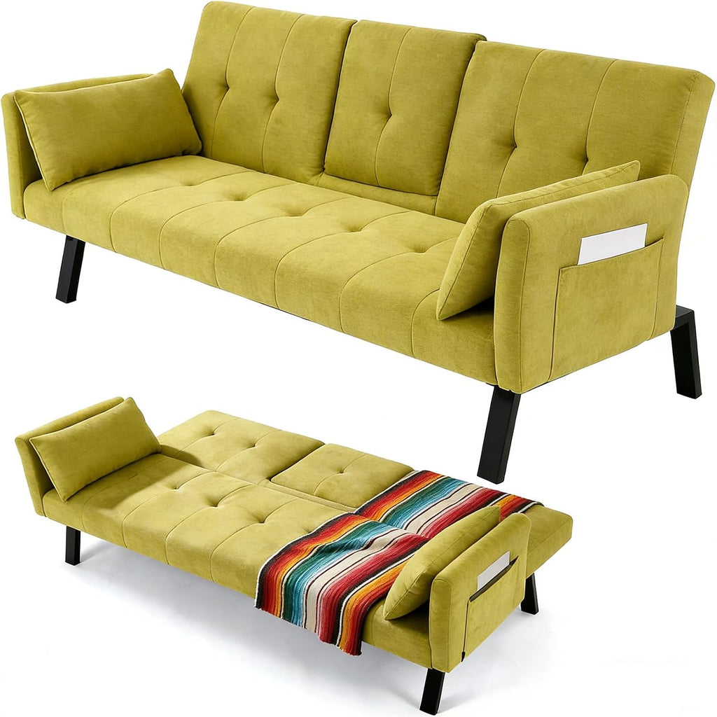 70' Futon Sofa with Cupholders,Adjustable Backrest Cotton Linen with Cup Holders and 2 Throw Pillows Sleeper Sofa for Living Room Apartment Small Space (Grass Green)