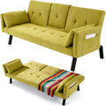 70' Futon Sofa with Cupholders,Adjustable Backrest Cotton Linen with Cup Holders and 2 Throw Pillows Sleeper Sofa for Living Room Apartment Small Space (Grass Green)