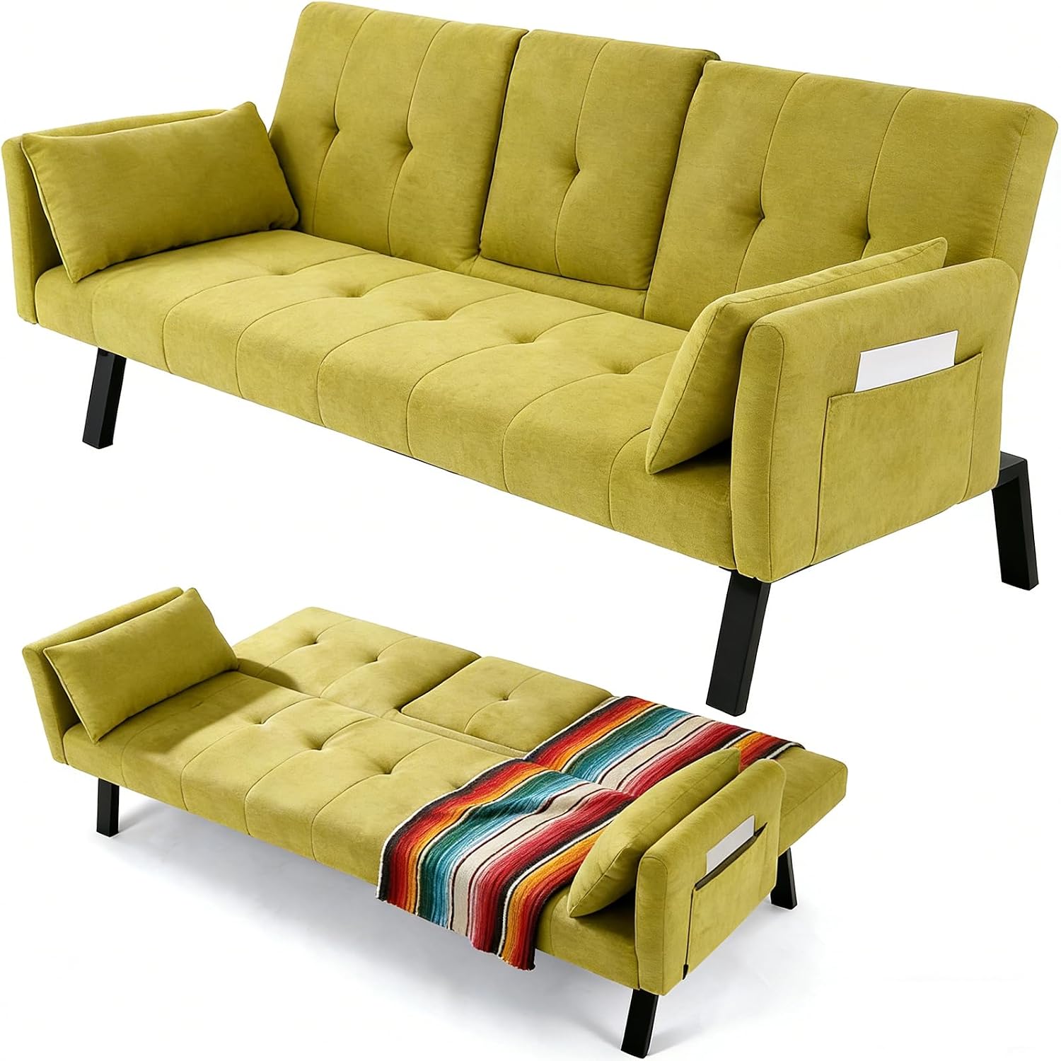 70' Futon Sofa with Cupholders,Adjustable Backrest Cotton Linen with Cup Holders and 2 Throw Pillows Sleeper Sofa for Living Room Apartment Small Space (Grass Green)