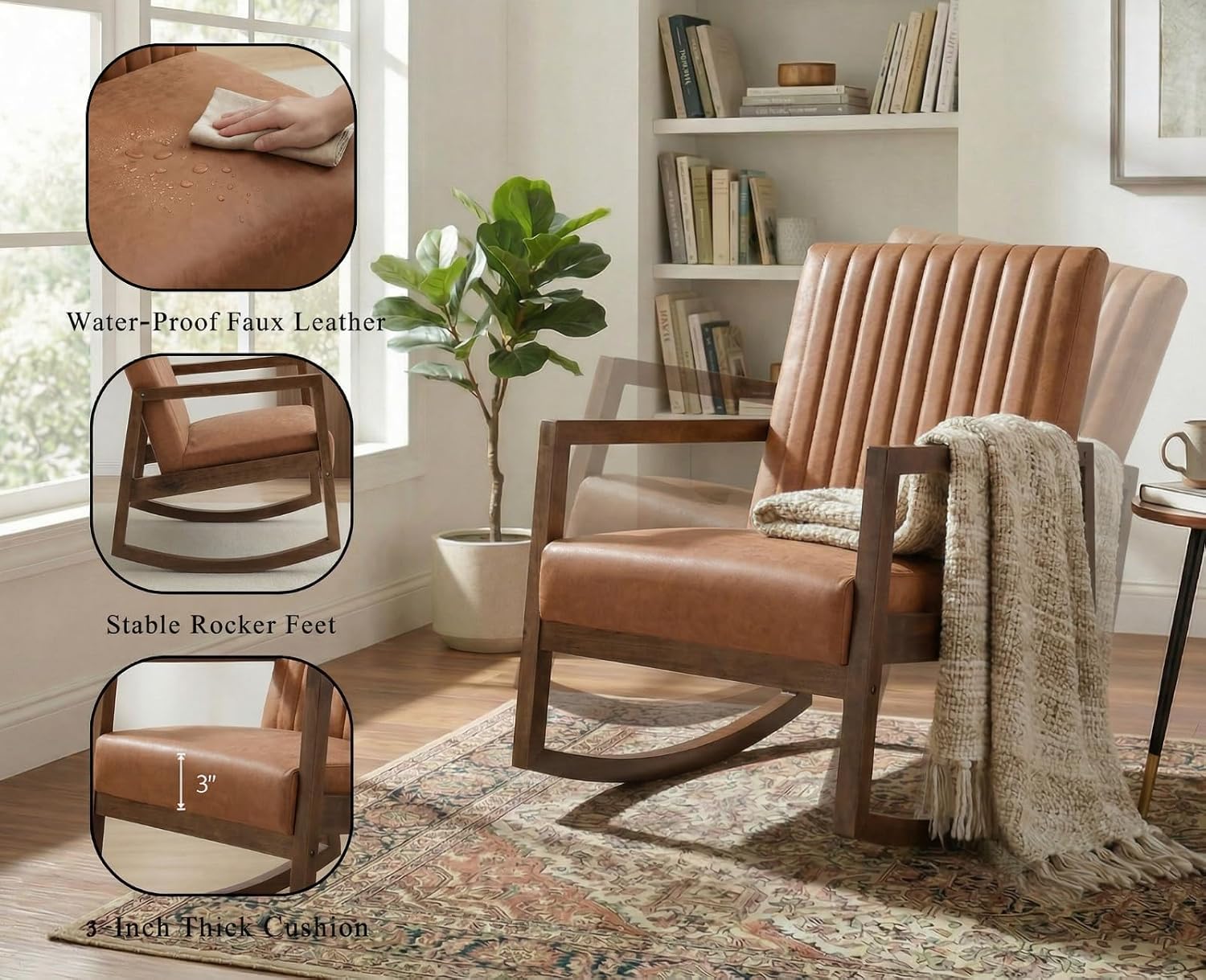 CIMOTA Leather Modern Rocking Chair Mid Century Armchair Upholstered Arm Chair with Padded Seat/Wood Frame, Comfy Rocker for Living Room/Bedroom, Retro Brown PU