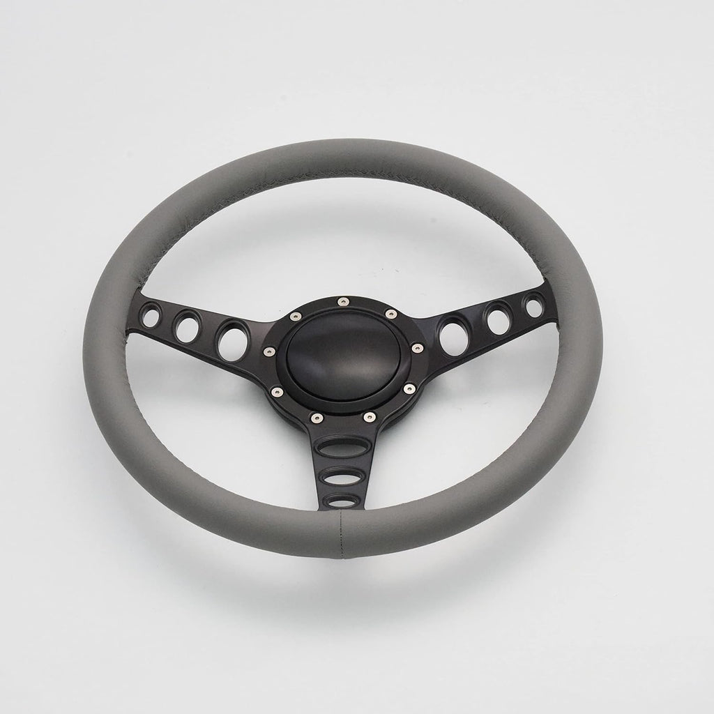 14'' Billet Steering Wheel Light Gray Full Wrap w/Horn button | 9 bolt, 6061 T6 Aluminum, 2'' Dish, Black Anodized, Vinyl, Cruisin, Compatible with Chevy, Hot Rod, Muscle Car
