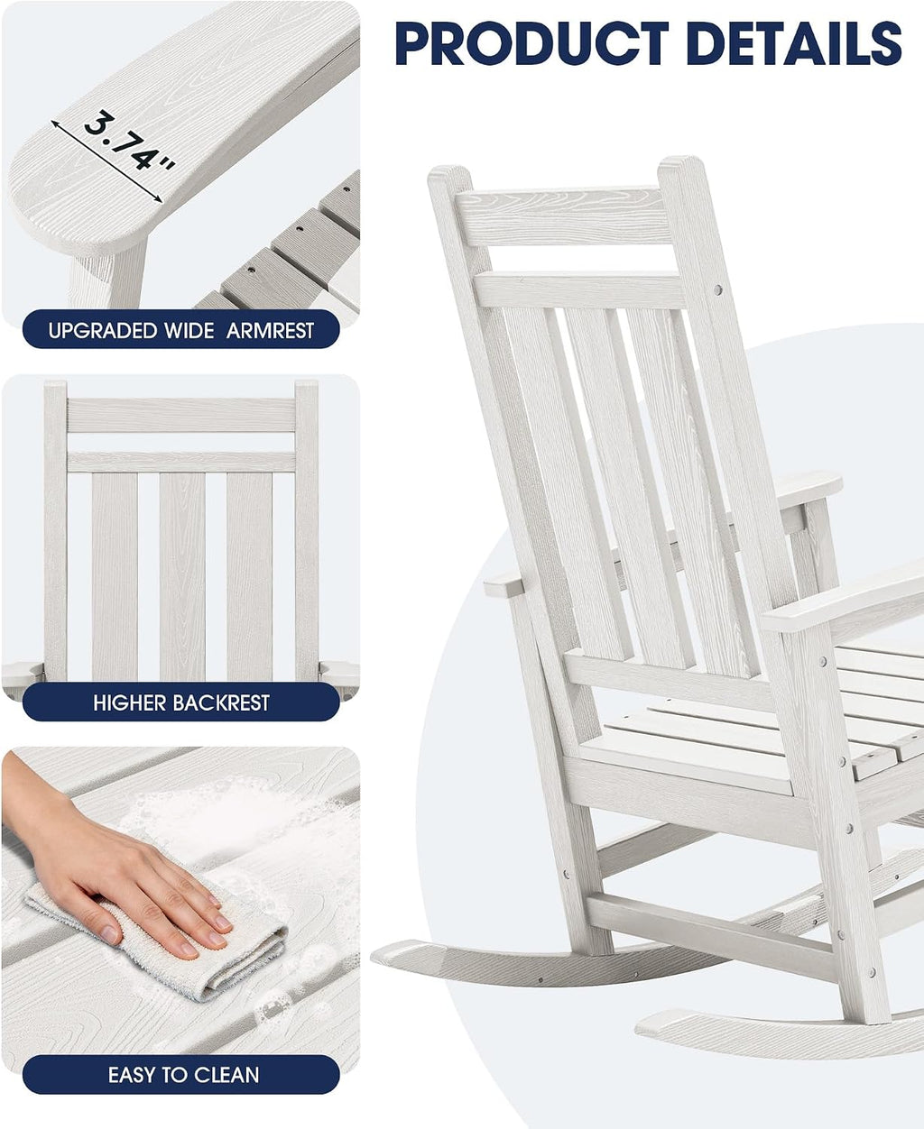 KINGYES Oversized Outdoor Rocking Chair Set of 6, All-Weather Patio Rocking Chairs for Porch, HDPE Outdoor Patio Recliner Rockers with High Back & Wide Seat for Garden, Lawn, White