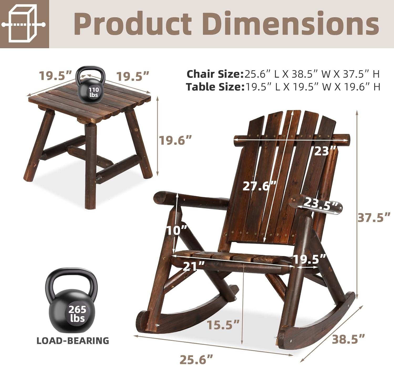3-Piece Outdoor Wood Rocking Bistro Set, Rustic Adirondack Rocker Chair Set with High Back & Slatted Seat and Side Table, Patio Wooden Conversation Set for Indoor Deck Garden Porch, Carbonized