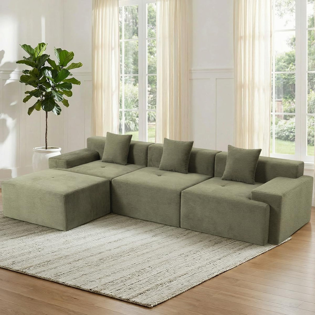 119'' Modular L-Shaped Boneless Sectional, Corduroy Deep Seat Cloud Sectional Couch, Small Space Sofa for Apartment Living Room Bedroom, No Assembly, Green