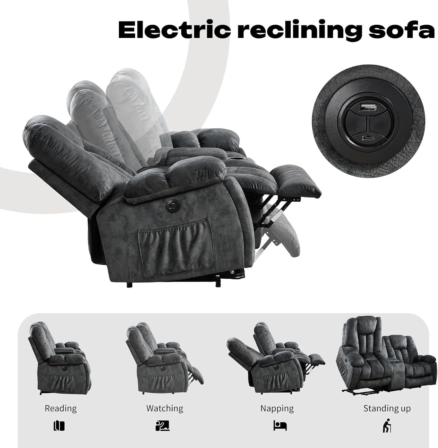 CANMOV Power Lift Loveseat for Elderly, Power Lift Recliner Sofa for Living Room, Electric Reclining Loveseat with Storage Console, Hidden Cup Holders, 2 Seat, Grey