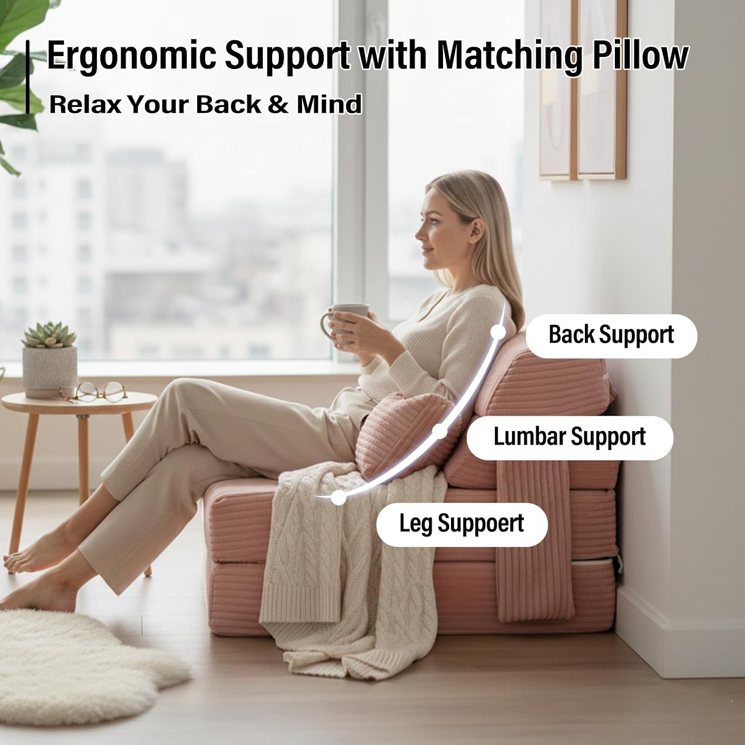 Folding Sofa Bed with Pillow, Convertible Sleeper Chair, Comfy Floor Futon Couch Mattress Lounge Sofa for Adults Portable Fold Out Chair Bed for Living Room Bedroom, Single, Pink