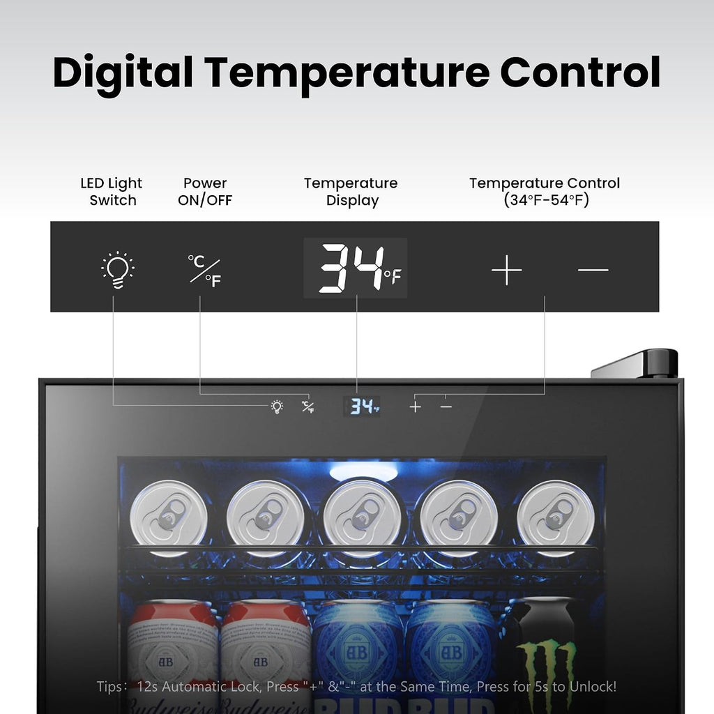 Yeego Countertop & Freestanding Beverage Fridge, 85-Can Mini Drink Refrigerator with Glass Door, Adjustable Shelves, Digital Temperature Control 34–54°F, Compact Cooler for Kitchen, Office, Bar