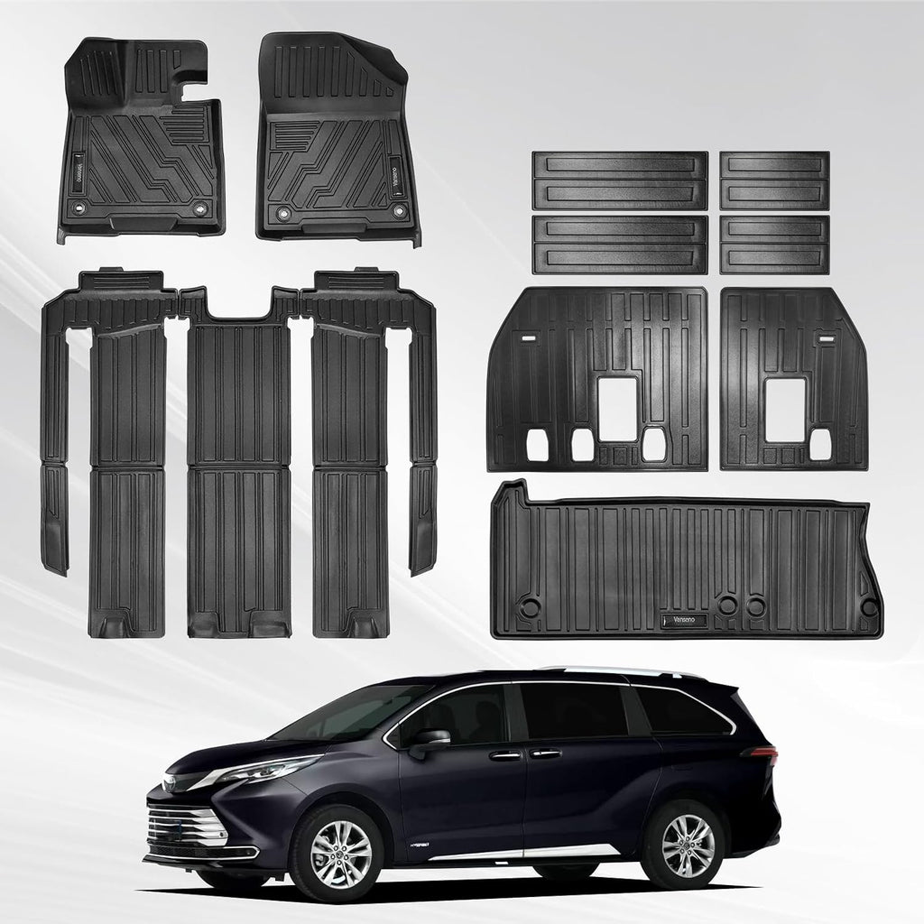 Vanseno Floor Mats Compatible for Toyota Sienna 2021-2025 2026 7 Seat Cargo Liner Trunk Mat Backrest Mat Back Seat Protector All Weather Rubber Mat for Toyota Sienna Accessories