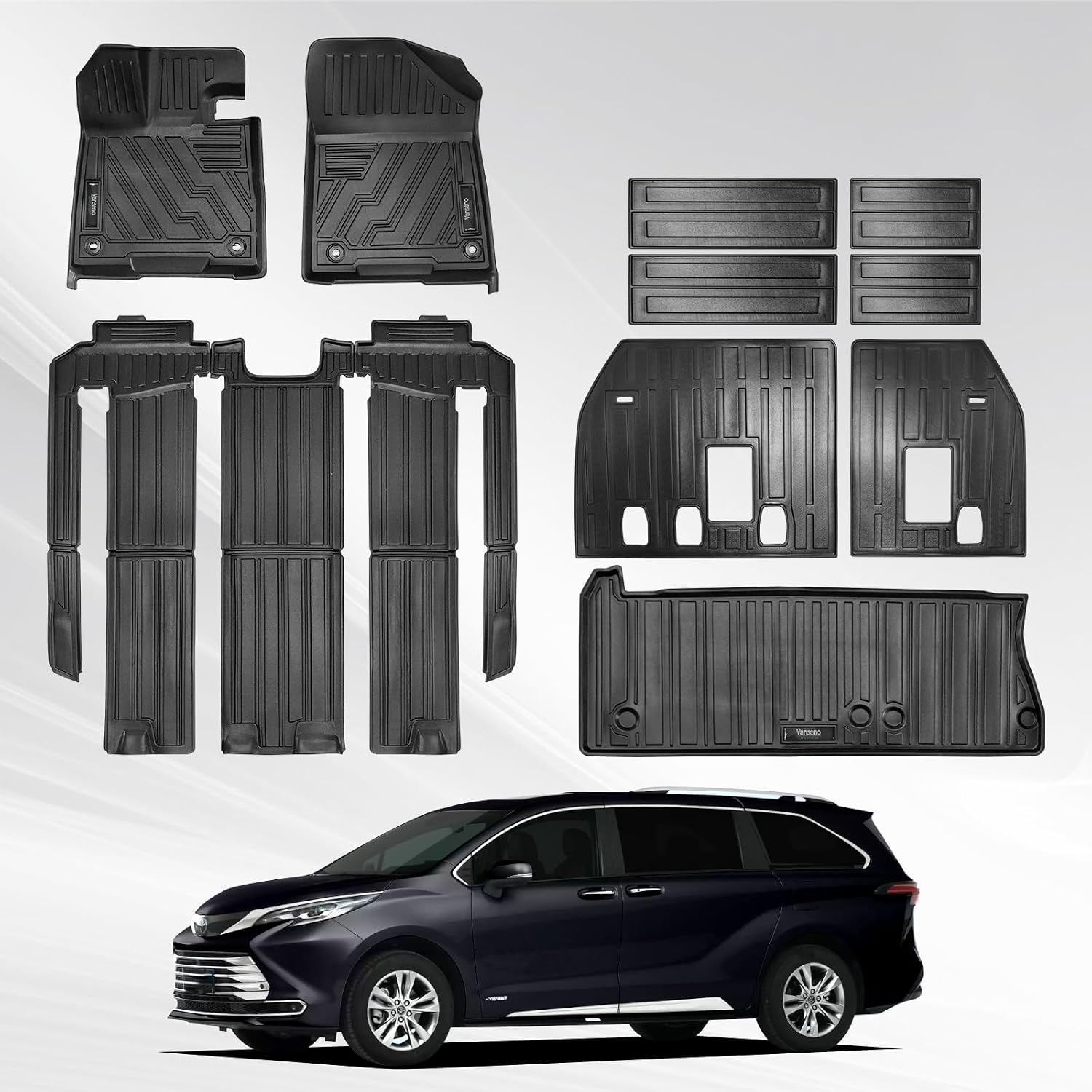 Vanseno Floor Mats Compatible for Toyota Sienna 2021-2025 2026 7 Seat Cargo Liner Trunk Mat Backrest Mat Back Seat Protector All Weather Rubber Mat for Toyota Sienna Accessories