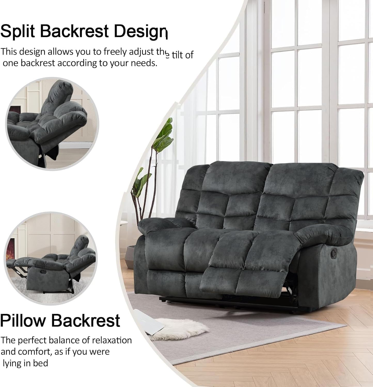 CANMOV Manual Reclining Sofa Set, 3 Pieces Sofa Set, 2 Manual Recliner Chair and Loveseat Sofa with Overstuffed Backrest and Armrest for Living Room, Furniture Set, Grey(1+1+2)