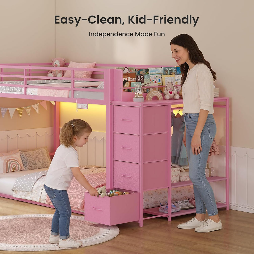 ADORNEVE Low Bunk Bed Twin Over Twin with Bookshelf, 4 Storage Drawers, Metal Kids Bunk Bed with Charging Station & RGB Lights, Clothing Rack & Shelves, Safety Guardrail & Ladder, for Girls, Pink