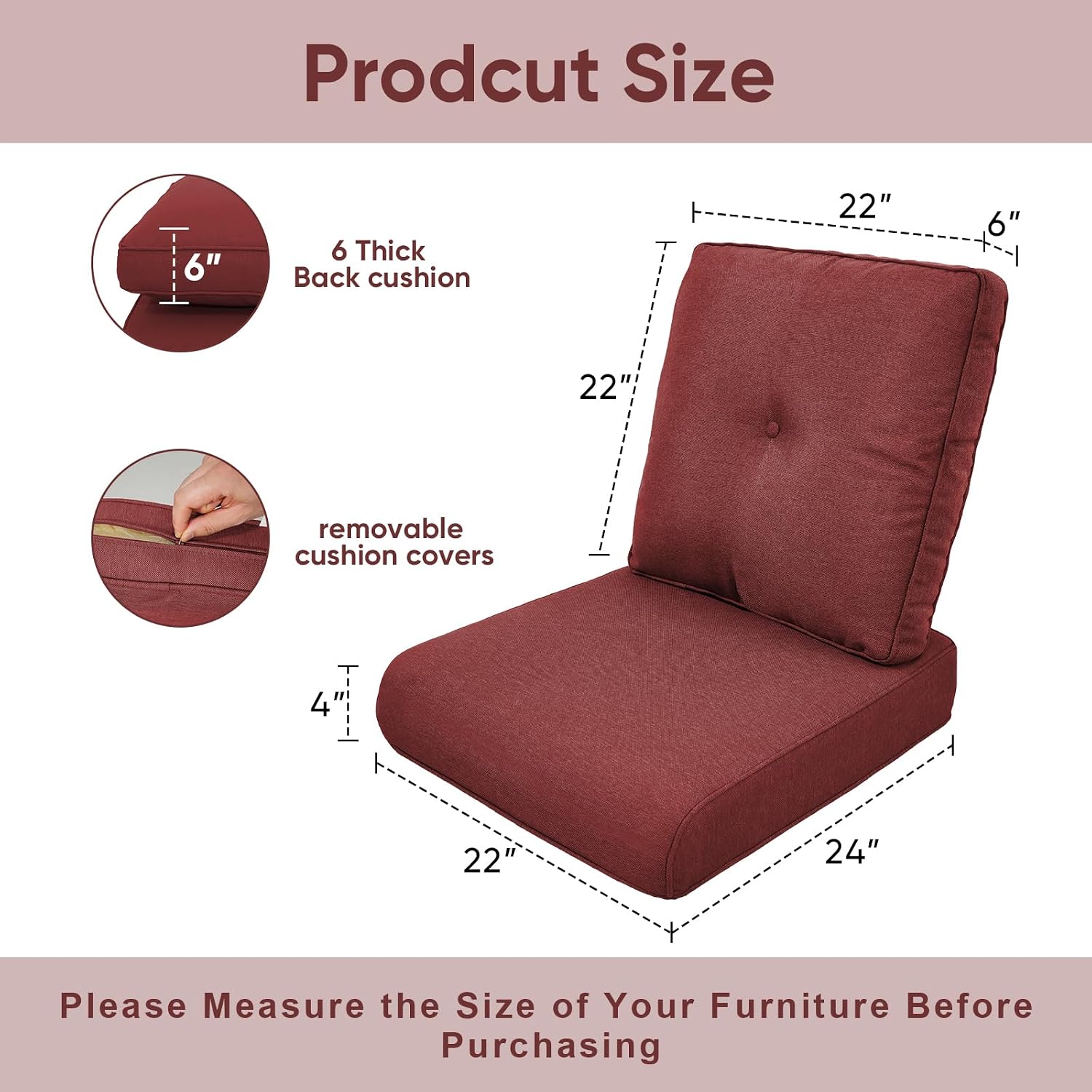 Outdoor Wicker Chair Cushions 2 Packs - Outside High Back Thick Water-Resistant Cushion 22x24 with Zipper Cover for Patio Glider Rocking Chairs Loveseat Couch – Red/Buckle