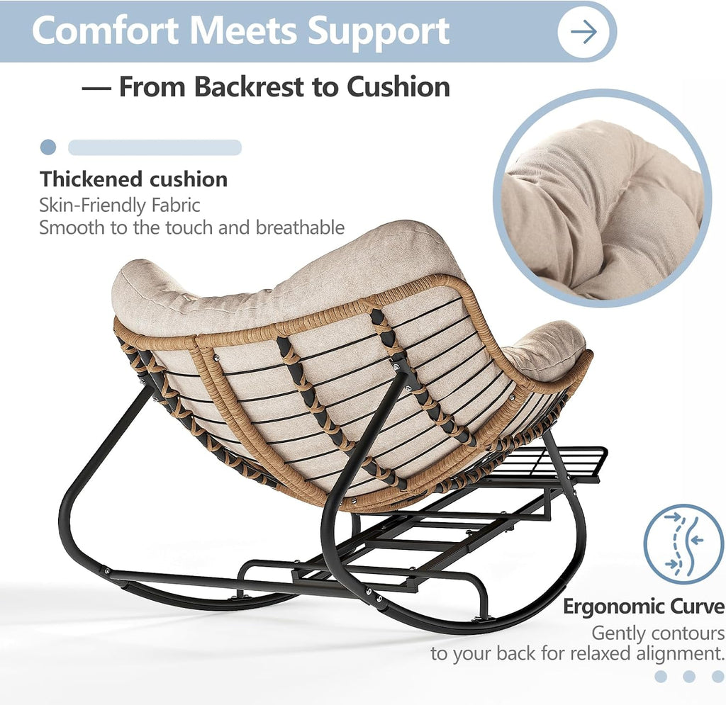 SWITTE Outdoor Papasan Rocking Chair with Footrest, Oversized Patio Egg Chair with Thick Cushion, Indoor Wicker Lounge Rocker Bed for Balcony, Porch, Garden, Beige