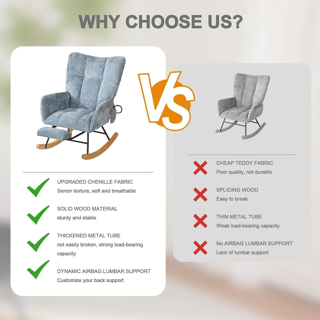 Rocking Chair Nursery with Airbag, Comfy Modern Nursery Rocking Reading Chair Indoor with Footrest, Cozy Upholstered Glider Rocker Chairs for Living Room Bedroom Offices(Chenille, Blue)