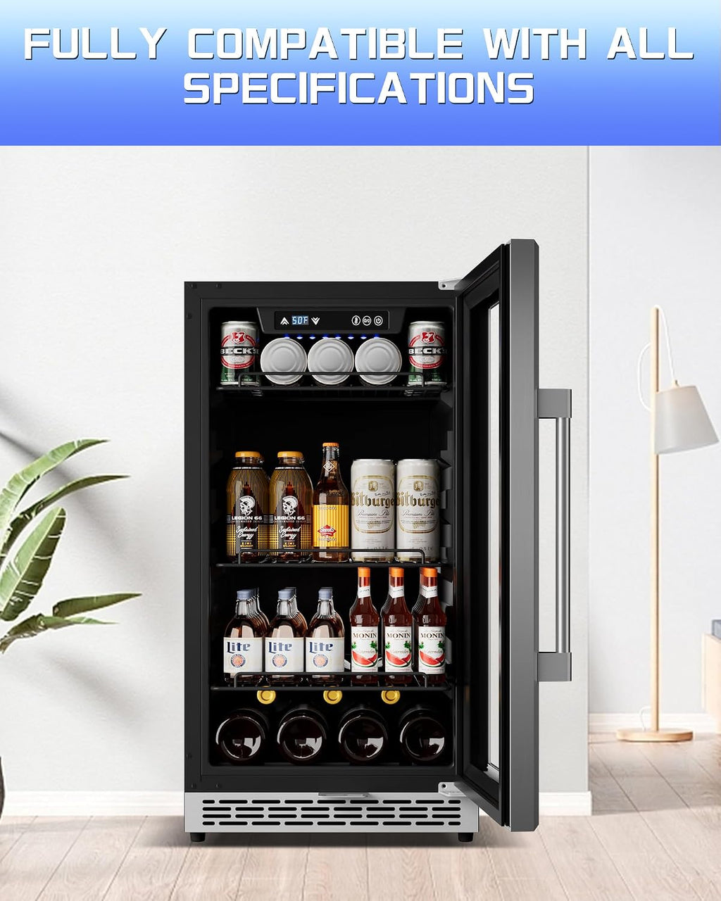 18-inch under-counter beverage refrigerator – 140-Can & 20-Bottle Capacity, Dual-Zone Built-In Beverage Cooler with Glass Door and Quiet Advanced Cooling System