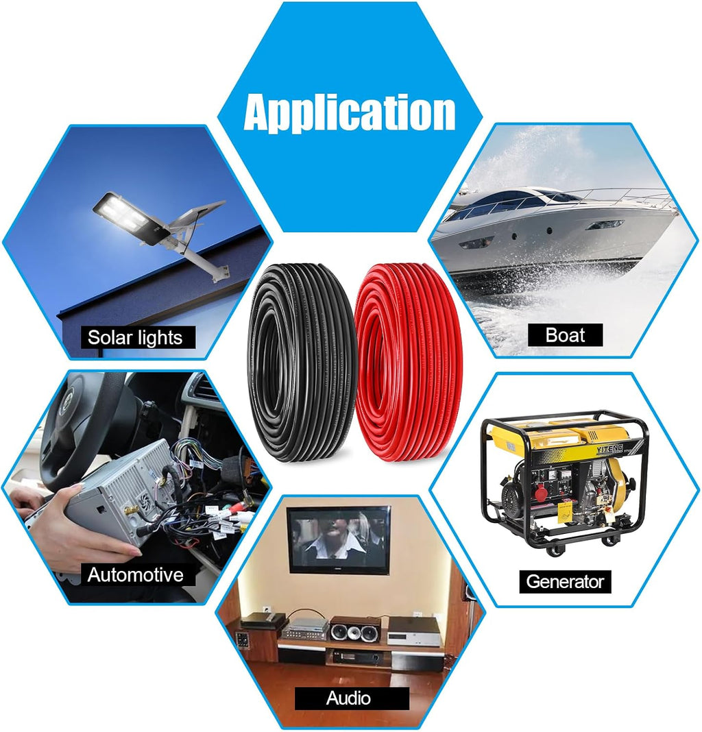 10 Gauge Battery Cable Copper Wire, 100FT Red+100FT Black 10 AWG Welding Cable Standard USA OFC Wire for Automotive, Battery, Solar, Marine and Generator