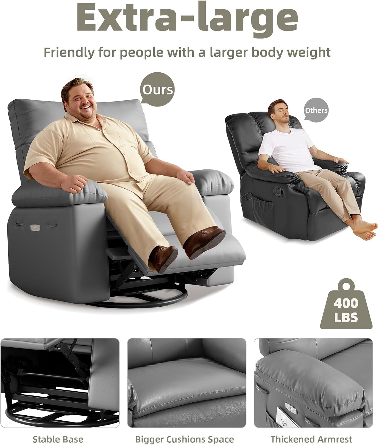 Oversized Recliner Chair with Heating & Massage, XL Faux Leather Nursery Rocking Chairs for Adults with Cup Holder and Side Pockets, Swivel Chair for Living Room, Bedroom Grey