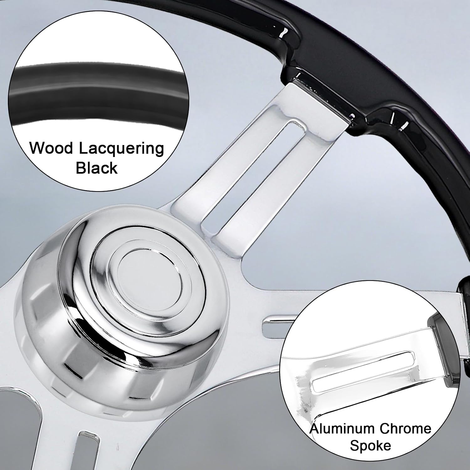 Sorghum 18' Solid Wood Steering Wheel - 4 Spokes Aluminum Chrome Classic Steering Wheel with Horn Button for Semi-Trailers Trucks Compatible with Mack Kenworth Peterbilt Volvo Freightliner-Black
