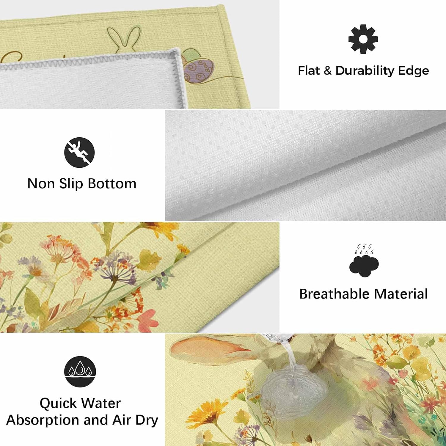 Easter Bunny Outdoor Rug for Patio/Deck/Porch, Non-Slip Large Area Rug 4 x 6 Ft, Yellow Rabbit Spring Flowers Leaves Rustic Plants Indoor Outdoor Rugs Washable Area Rugs, Camping Rug Carpet Runner