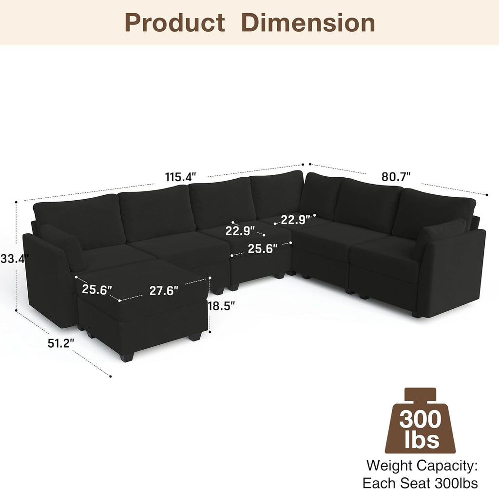Modular Sectional Sofa Couches, Large Convertible Modular Couches with Storage, 7-Seater Sectional Sofa for Living Room, U Shaped Sectional Couch Sleeper Sofa with Chaise (Black, 7 Seats)