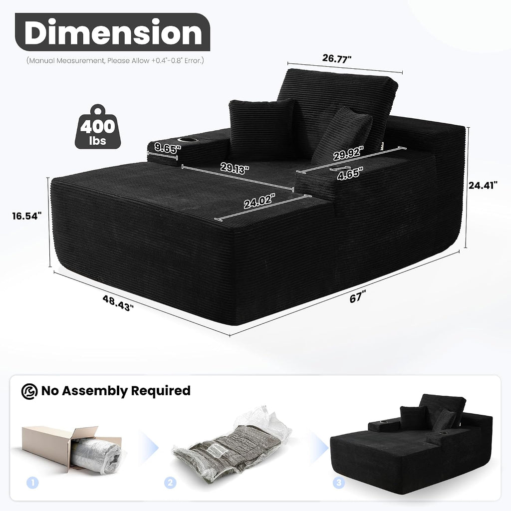 ovios 67'' Chaise Lounge Chair Indoor, Oversized Upholstered Boneless Sofa Bed with Cup Holders, Deep Seat Sleeper Couch, Plush Cloud Sofas Couches for Living Room (Corduroy, Black)