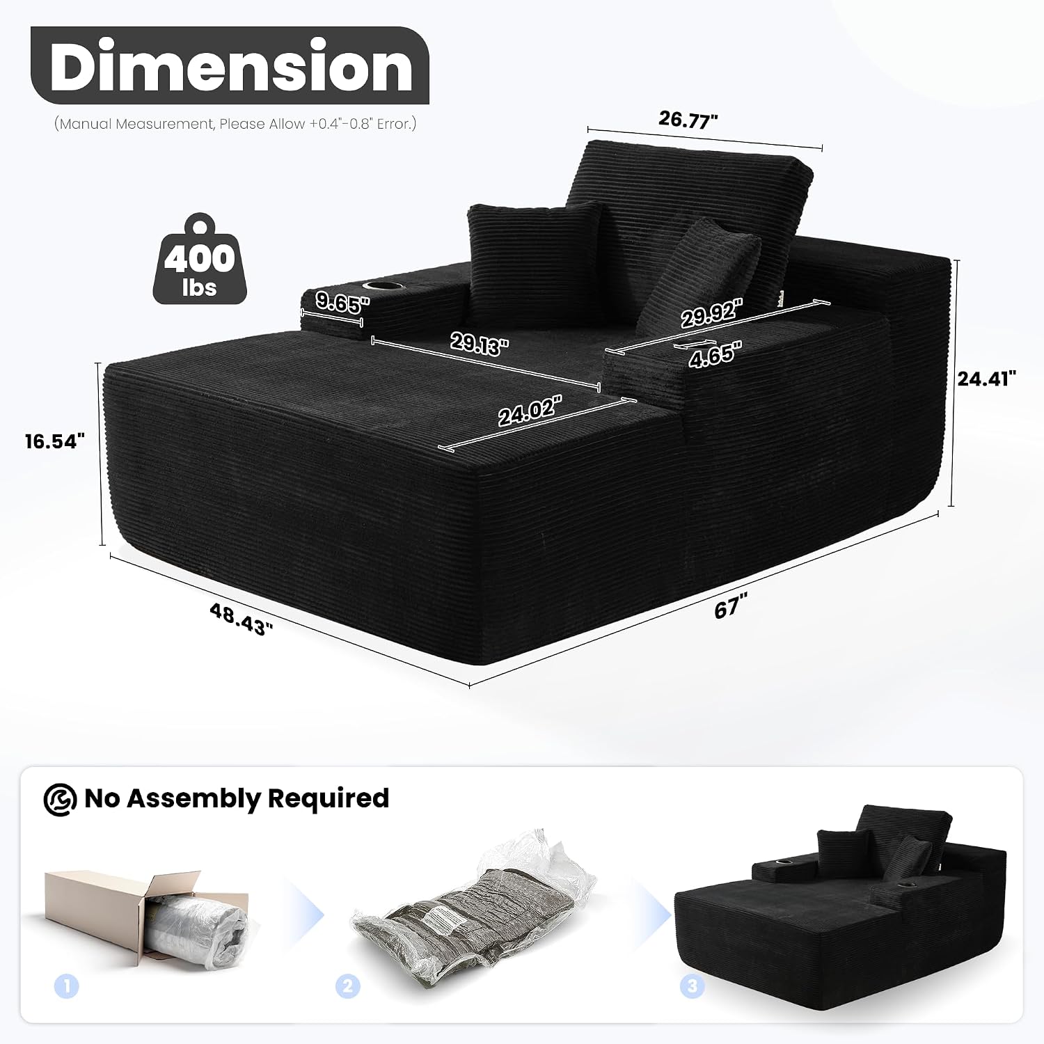ovios 67'' Chaise Lounge Chair Indoor, Oversized Upholstered Boneless Sofa Bed with Cup Holders, Deep Seat Sleeper Couch, Plush Cloud Sofas Couches for Living Room (Corduroy, Black)