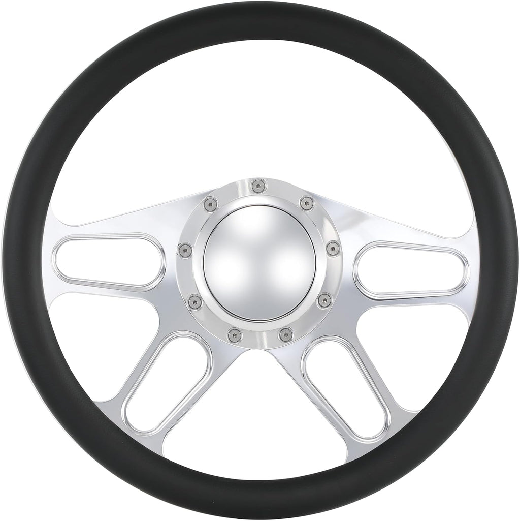 14'' Billet 4-Slot Half Wrap 9 Bolts Steering Wheel with 2'' Dish and Horn Button Compatible with Chevy, Ford, GM (Black)