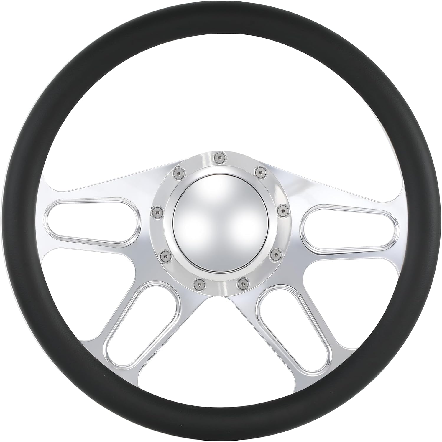14'' Billet 4-Slot Half Wrap 9 Bolts Steering Wheel with 2'' Dish and Horn Button Compatible with Chevy, Ford, GM (Black)
