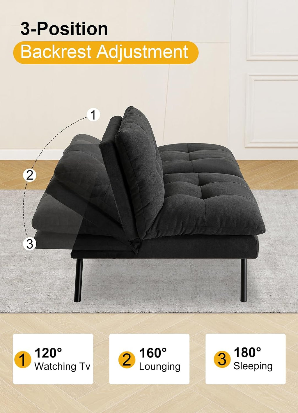 MUUEGM 68' Futon Sofa Bed,Futon Couch with Adjustable Backrest & Foldable Design,Convertible Sleeper Sofa for Small Spaces Livingroom Apartment Office(Black)