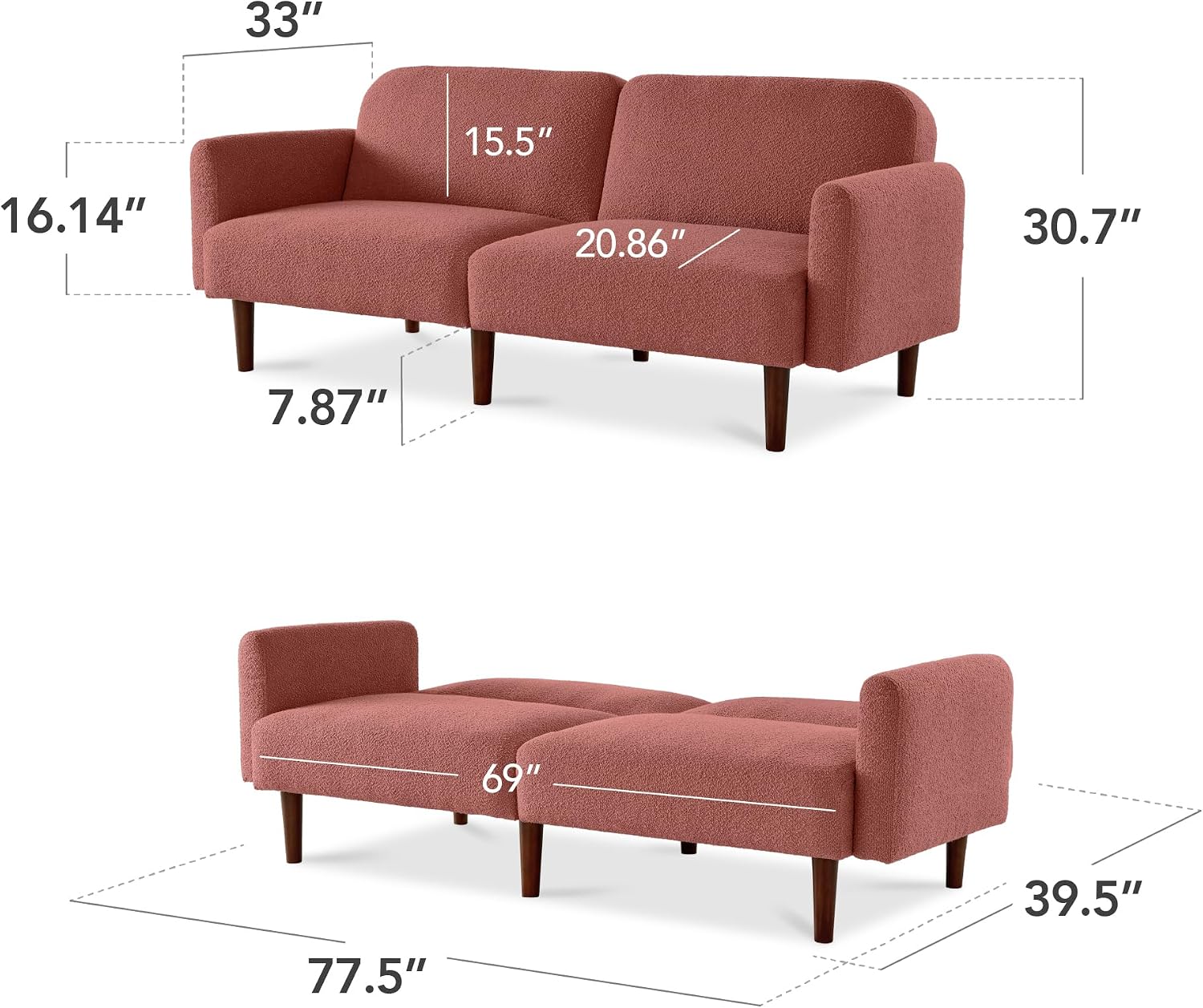 Best Choice Products 77' Mid Century Modern Boucle Loveseat Sofa, Couch, Convertible Sofa Sleeper Bed w/Real Wood, Removable Armrest - Mauve