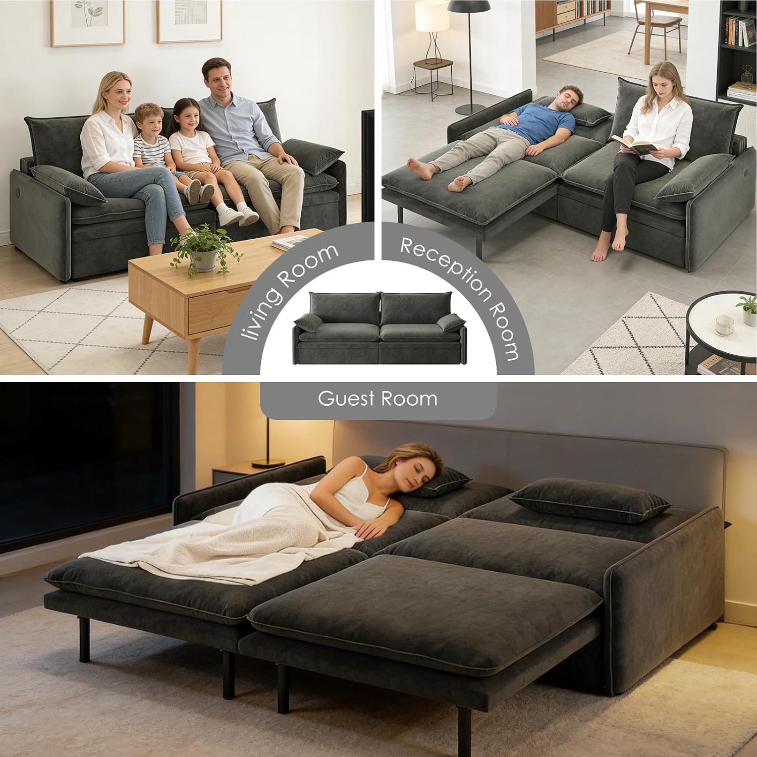 81' King Pull-Out Sofa Bed, 3-in-1 Convertible Sleeper Sofa Bed with Hidden Storage & USB Charging, Chenille Cloud Couch with Chaise Lounge for Living Room & Apartment, Dark Grey | Pullout Couch